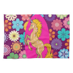 Colorful Mystical Unicorn on Pink Purple Flowers Hand Towels