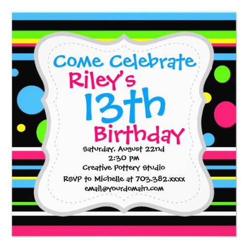 Colorful Neon Stripes Polka Dots Pink Teal Lime Invitations