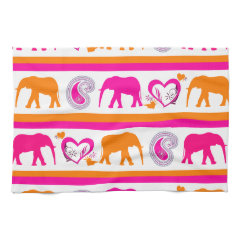 Colorful Orange Hot Pink Elephants Paisley Hearts Hand Towels