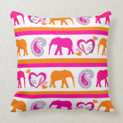 Colorful Orange Hot Pink Elephants Paisley Hearts Throw Pillows