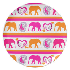 Colorful Orange Hot Pink Elephants Paisley Hearts Dinner Plates