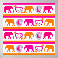 Colorful Orange Hot Pink Elephants Paisley Hearts Print