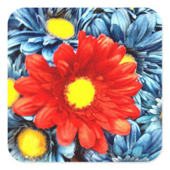Colorful Orange Red Blue Gerber Daisies Flowers Square Stickers