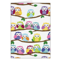 Colorful owls on a branch greeting card