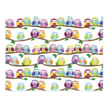 Colorful owls on a branch post card