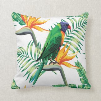 Colorful Parrot And Exotic Plants Throw Pillows