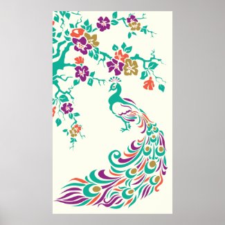 Colorful peacock and cherry blossoms poster