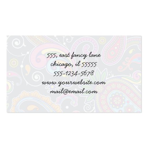 Colorful Persian Paisley Green, Pink, Blue, Yellow Business Card (back side)