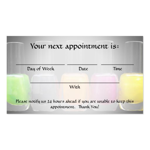 Colorful Polish Bottles, Nail Salon Appointment Business Card (back side)