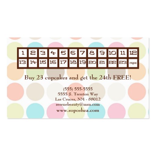Colorful Polka Dot Cup Cake Bakery Business Card (back side)