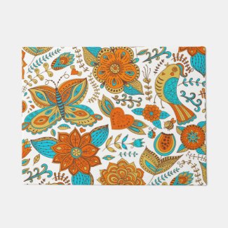 Colorful Retro Butterflies And Birds Pattern Doormat