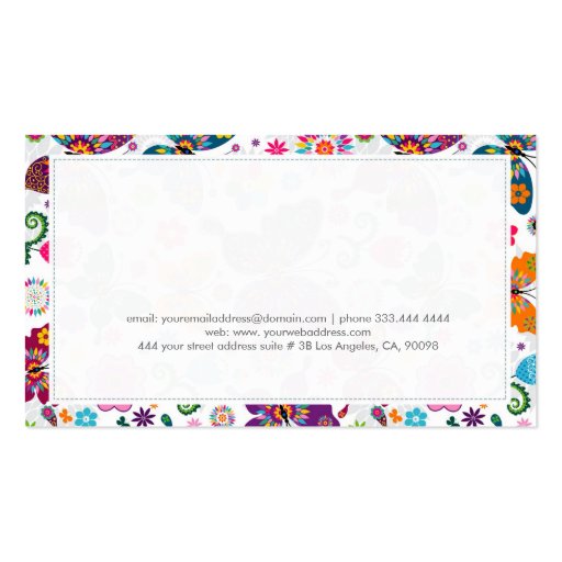 Colorful Retro Butterfly's And Flowers Pattern Business Cards (back side)