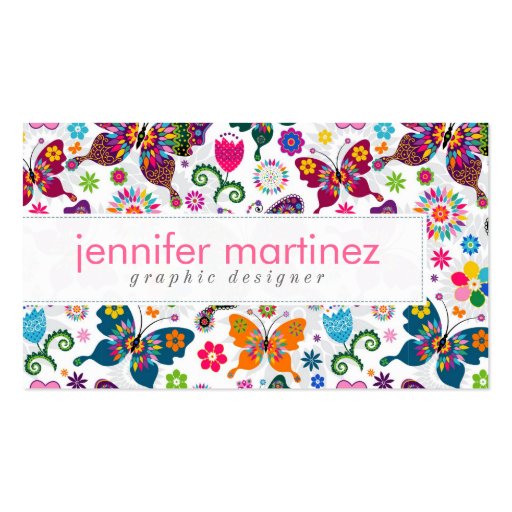 Colorful Retro Butterfly's And Flowers Pattern Business Cards (front side)