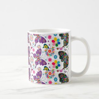 Colorful Retro Butterfly's And Flowers Pattern Classic White Coffee Mug
