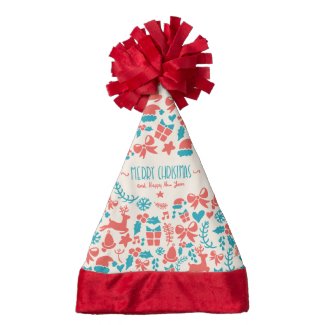 Colorful retro Christmas pattern in blue and red Santa Hat