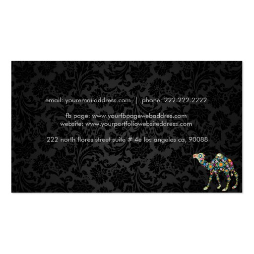 Colorful Retro Floral Camel & Black Damasks Business Card (back side)