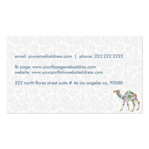 Colorful Retro Floral Camel & White Damasks Business Card Templates (back side)
