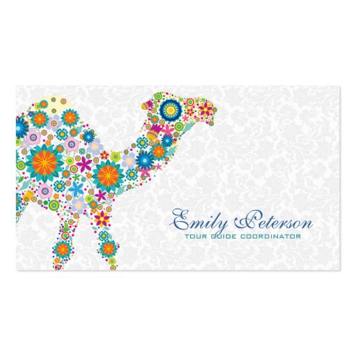 Colorful Retro Floral Camel & White Damasks Business Card Templates (front side)