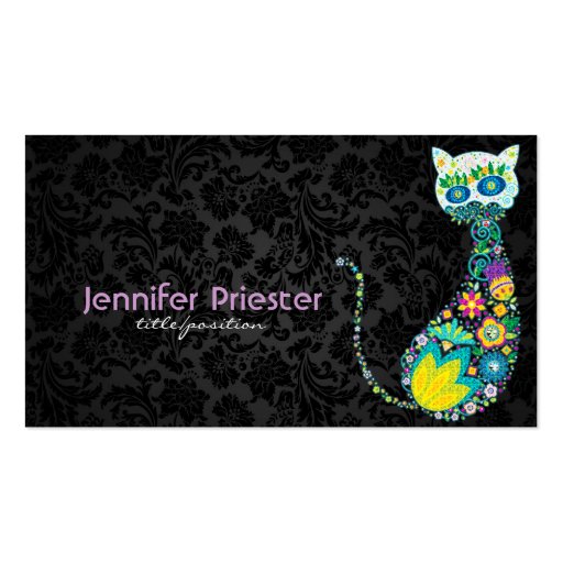 Colorful Retro Floral Cat & Black Damasks Business Cards
