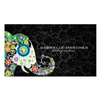 Colorful Retro Floral Elephant & Black Damasks Business Card