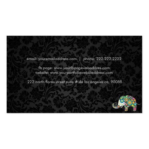 Colorful Retro Floral Elephant & Black Damasks Business Card (back side)
