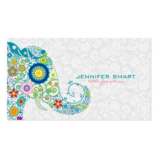 Colorful Retro Floral Elephant & White Damasks Business Card Templates