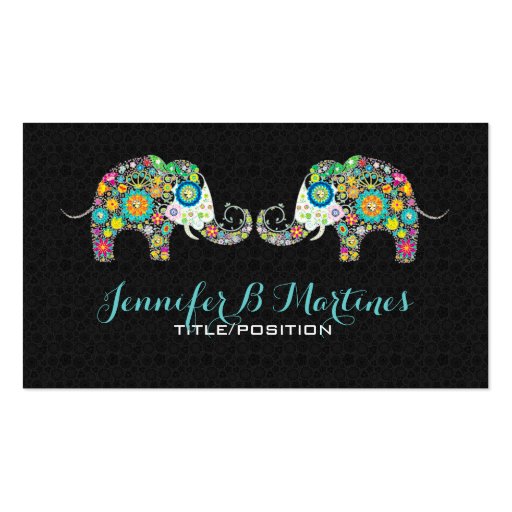 Colorful Retro Floral Elephants & Black Damasks Business Card (front side)