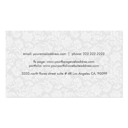 Colorful Retro Floral Girl & White Floral Damask Business Card Templates (back side)