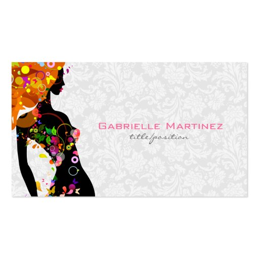 Colorful Retro Floral Girl & White Floral Damask Business Card Templates (front side)