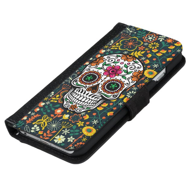 Colorful Retro Floral Sugar Skull iPhone 6 Wallet Case-5