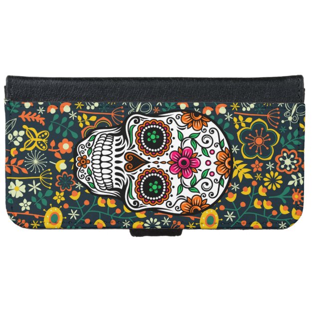 Colorful Retro Floral Sugar Skull iPhone 6 Wallet Case-4