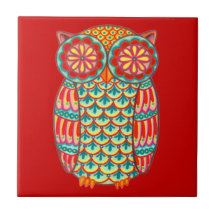 Colorful Retro Owl Ceramic Tile
