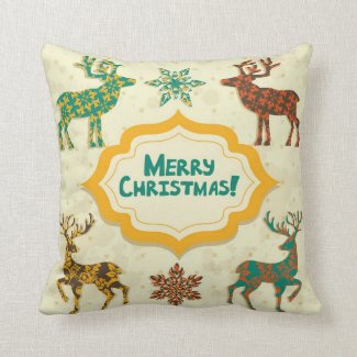 Colorful Retro Rain-Deer Merry Christmas Throw Pillow