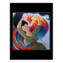 Colorful Rooster and Woman. Post Card