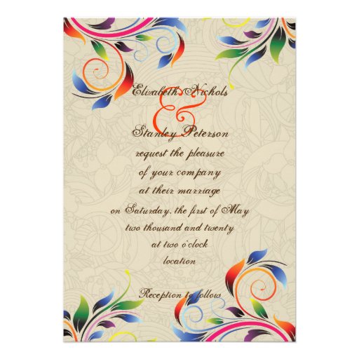 Colorful scroll leaf on beige wedding invitation