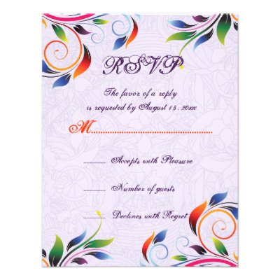 Colorful scroll leaf on purple wedding RSVP card Personalized Invitations