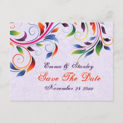 Colorful scroll leaf purple wedding Save the Date Post Cards by weddings 