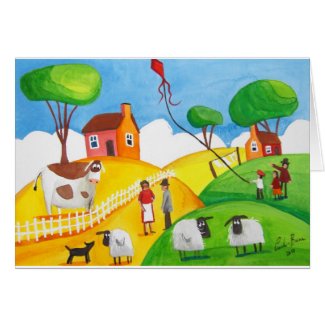 COLORFUL SHEEP COWS FOLK PAINTING card