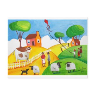 COLORFUL SHEEP COWS FOLK PAINTING postcard