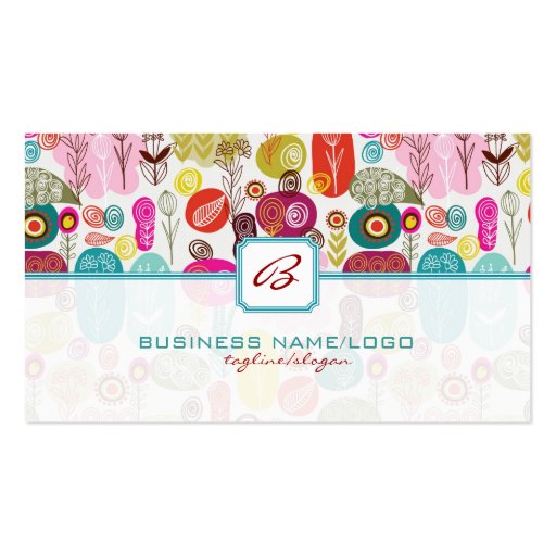 Colorful Simple Hand Drawn Retro Flowers-Monograme Business Card Template (front side)