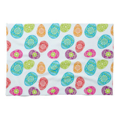 Colorful Spring Easter Eggs Pattern on Baby Blue Hand Towels