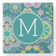 Colorful Spring Floral Pattern Custom Monogram Stone Coaster