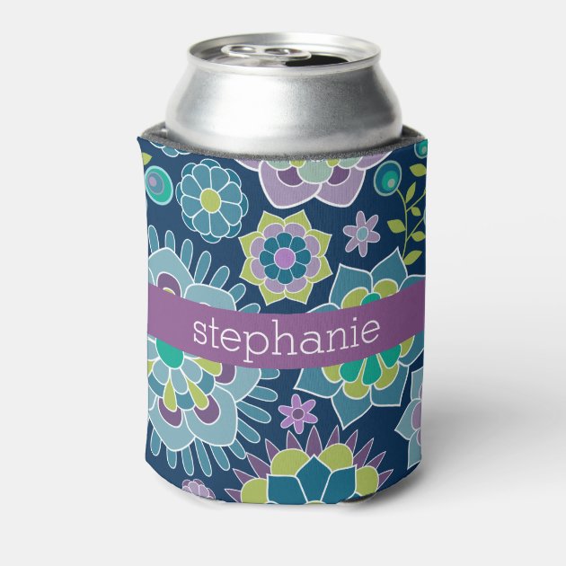 Colorful Spring Floral Pattern Custom Name Can Cooler | Zazzle