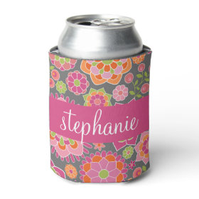 Colorful Spring Floral Pattern Custom Name Can Cooler
