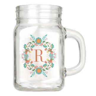 Colorful Spring Flowers Wreath Monogram Mason Jar