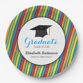 Colorful Stripes and Hat Personalized Graduation 9 Inch Paper Plate