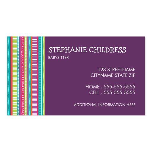 Colorful Stripes Babysitting Business Card (front side)