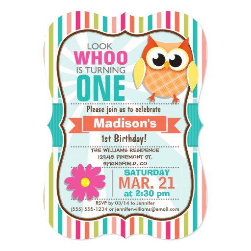 Colorful Stripes Owl Birthday Party Card