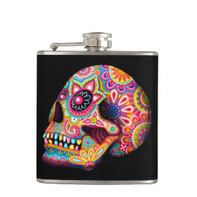 Colorful Sugar Skull Flask - Day of the Dead Art
