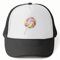 colorful swirly lollipop trucker hat